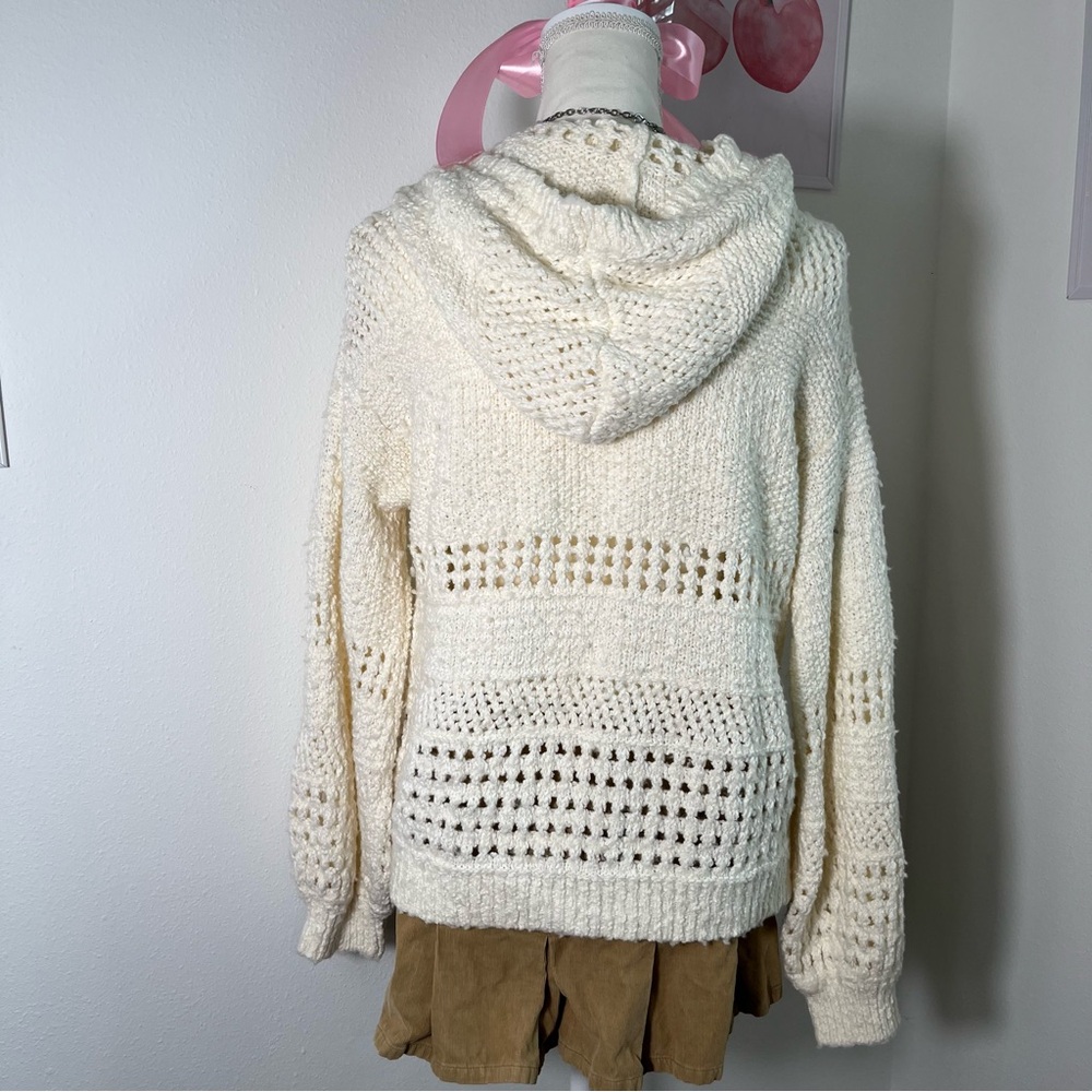 Anthropologie Pointelle Knit Crochet Open Knit Cream Hoodie Pullover Sweater S - Picture 7 of 7